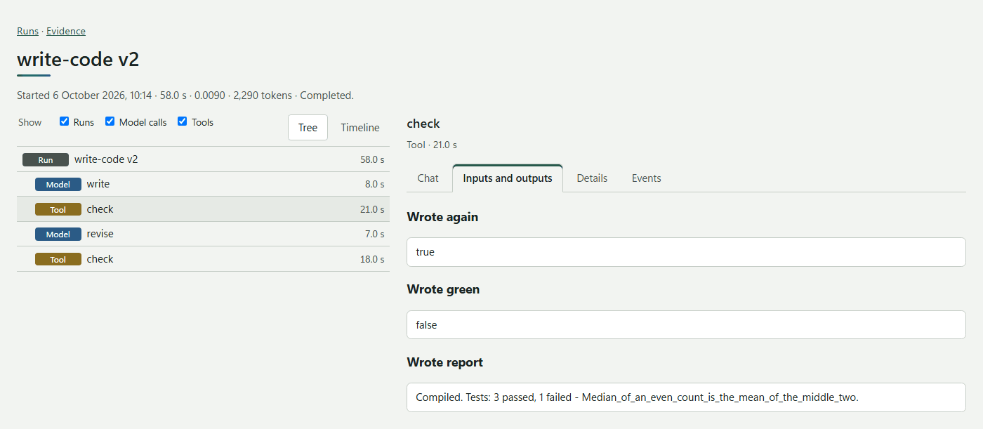 Writing code: two model steps and two checks, with the first check's report open