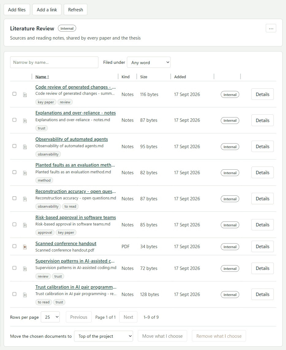 A folder's documents, with tags and labels