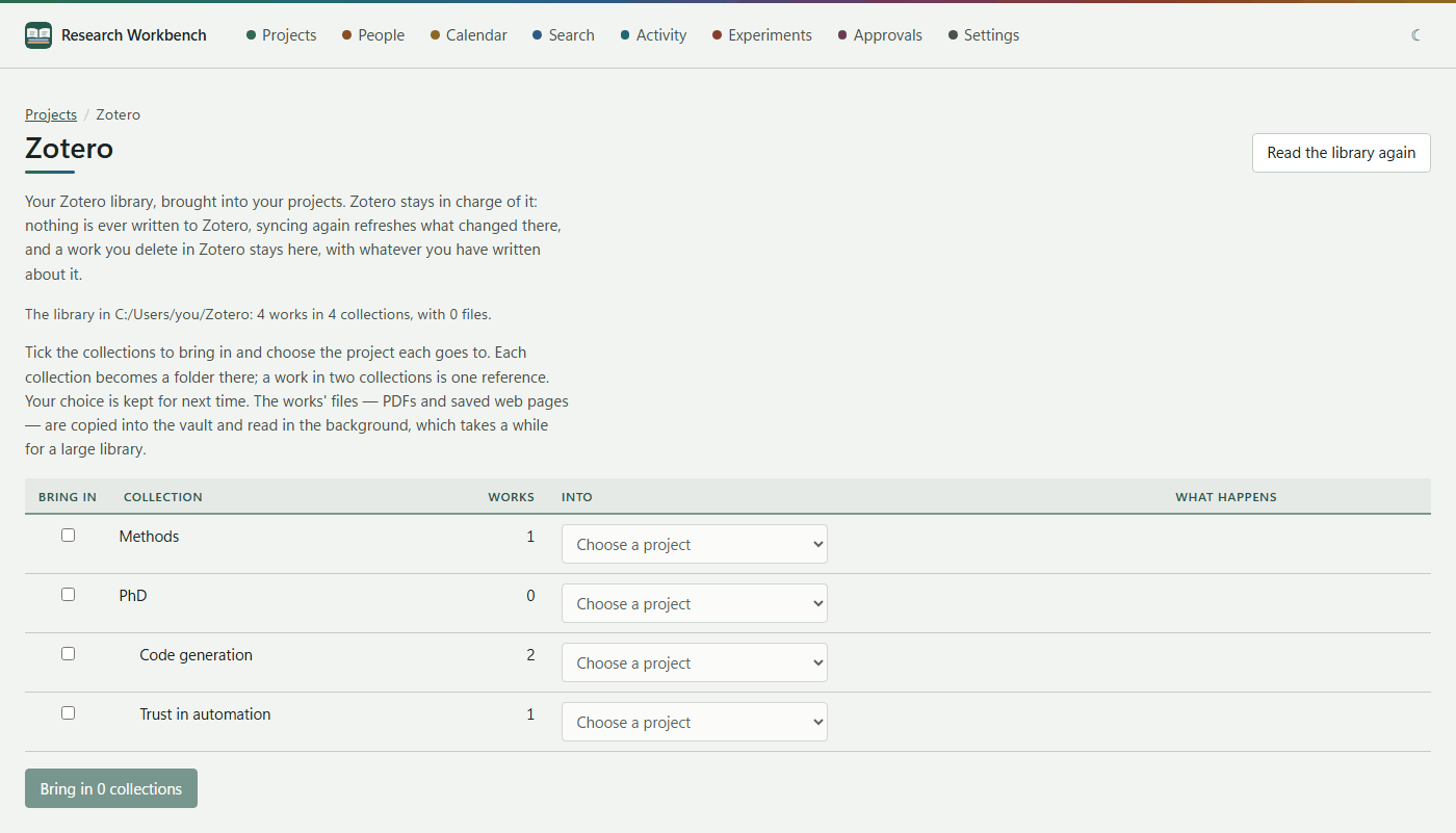 Choosing Zotero collections and the projects they go to