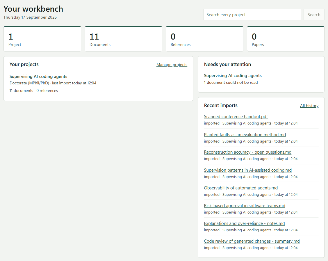 The workbench start page: totals for projects, documents, references and papers, a list of projects, a note that one document could not be read, and the most recent imports.